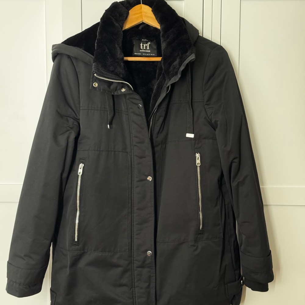 Zara Women's Padded Black Hooded Park Jacket Medium